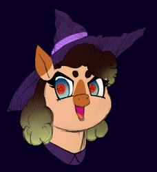 Size: 2587x2841 | Tagged: safe, artist:/d/non, artist:tacodeltaco, oc, oc only, oc:heartspring, pony, bust, hat, high res, pentagram, pentagram eyes, purple background, simple background, solo, wingding eyes, witch hat