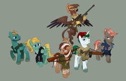 Size: 4810x3112 | Tagged: safe, artist:mellowhen, oc, oc only, oc:airworthy, oc:alabaster (fallout equestria: red 36), oc:gabriela hawkins, oc:hotshot, oc:roulette, oc:sunny hymn, earth pony, griffon, pegasus, pony, unicorn, fallout equestria, fallout equestria: red 36, clothes, conflicted, ex-enclave, fanfic art, gun, jacket, line-up, looking at each other, ncr, nervous smile, new canterlot, new canterlot army, proud, rifle, simple background, smiling, sniper, sniper rifle, vest, weapon