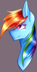 Size: 603x1184 | Tagged: safe, artist:enderblackwings, rainbow dash, pony, g4, bust, eye clipping through hair, female, lidded eyes, mare, simple background, smiling, solo