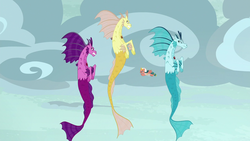 Size: 1280x720 | Tagged: safe, screencap, adagio dazzle, aria blaze, somnambula, sonata dusk, pegasus, pony, siren, g4, shadow play, angry, clothes, cloven hooves, fangs, female, floating, flying, gem, mare, siren gem, the dazzlings