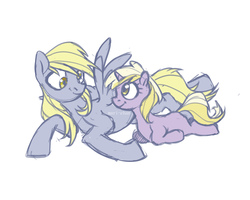 Size: 5000x4000 | Tagged: safe, artist:i-just-mari, derpy hooves, dinky hooves, pegasus, pony, unicorn, g4, absurd resolution, blank flank, cute, derpabetes, dinkabetes, duo, equestria's best daughter, equestria's best mother, female, filly, like mother like daughter, like parent like child, looking at each other, mare, prone, simple background, smiling, white background
