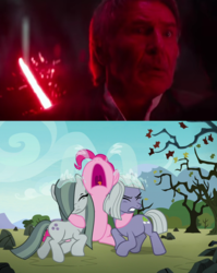 Size: 1023x1287 | Tagged: safe, edit, edited screencap, screencap, limestone pie, marble pie, pinkie pie, g4, the maud couple, crying, death, han solo, hug, kylo ren, lightsaber, meme, ocular gushers, open mouth, star wars, star wars: the force awakens, uvula, weapon