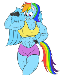Size: 1145x1433 | Tagged: safe, artist:calm wind, artist:matchstickman, edit, rainbow dash, anthro, g4, 1000 years in photoshop, abs, armpits, biceps, breasts, busty rainbow dash, cleavage, clothes, female, flexing, gloves, midriff, muscles, rainbuff dash, simple background, solo, sports bra, white background