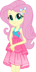 Size: 580x1162 | Tagged: safe, artist:kimberlythehedgie, fluttershy, equestria girls, equestria girls specials, g4, i'm on a yacht, my little pony equestria girls: better together, my little pony equestria girls: spring breakdown, bare shoulders, clothes, dress, dress interior, eyeshadow, female, geode of fauna, legs together, magical geodes, makeup, sleeveless, smiling, solo