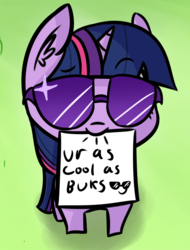 Size: 1135x1491 | Tagged: safe, alternate version, artist:artiks, twilight sparkle, pony, g4, cool, female, filly, filly twilight sparkle, mouth hold, paper, positive ponies, solo, sunglasses, younger