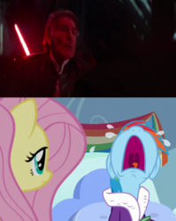 Size: 1023x1287 | Tagged: safe, edit, edited screencap, screencap, fluttershy, rainbow dash, g4, tanks for the memories, crying, death, han solo, kylo ren, lightsaber, star wars, star wars: the force awakens, volumetric mouth, weapon