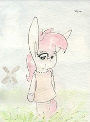 Size: 696x939 | Tagged: safe, artist:slightlyshade, roseluck, pony, g4, bipedal, blushing, clothes, dress, female, flower, flower in hair, long ears, rosabetes, socks, solo, traditional art, windmill