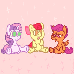Size: 1050x1050 | Tagged: safe, artist:dubiousdummy, apple bloom, scootaloo, sweetie belle, earth pony, pegasus, pony, unicorn, g4, cute, cutie mark crusaders, female, silly