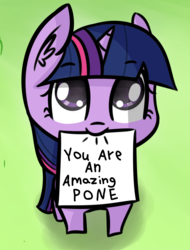 Size: 1080x1419 | Tagged: safe, artist:artiks, edit, editor:apex soundwave, twilight sparkle, pony, unicorn, g4, c:, caption, cute, female, filly, filly twilight sparkle, gradient background, grass, green background, hnnng, looking at you, looking up, mare, mouth hold, nom, positive ponies, simple background, smiling, solo, twiabetes, unicorn twilight, younger