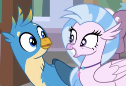 Size: 784x539 | Tagged: safe, screencap, gallus, silverstream, griffon, a matter of principals, g4, cropped, cute, diastreamies, duo focus, looking at each other, smiling