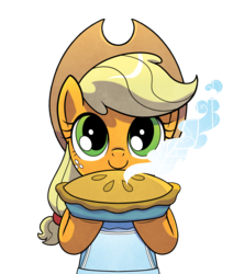 Size: 1987x2340 | Tagged: safe, artist:agnesgarbowska, edit, idw, applejack, earth pony, pony, g4, spoiler:comic, spoiler:comic72, apple, apple pie, applejack's hat, apron, background removed, clothes, cowboy hat, cropped, cute, female, food, hat, hoof hold, jackabetes, looking at you, mare, pie, simple background, solo, steam, stetson, transparent background