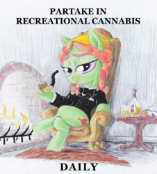 Size: 889x983 | Tagged: safe, artist:t72b, derpibooru exclusive, tree hugger, pony, g4, alcohol, bowtie, chair, clothes, crossed legs, dreadlocks, female, fire, fireplace, hoof hold, joseph ducreux, pipe, sitting, smoke, smoke weed everyday, solo, traditional art