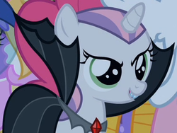 Size: 373x280 | Tagged: safe, screencap, pinkie pie, sweetie belle, vampire, g4, luna eclipsed, cape, clothes, costume, cropped, fangs, nightmare night costume, solo focus