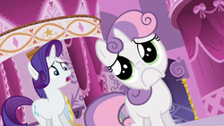 Size: 1280x720 | Tagged: safe, screencap, rarity, sweetie belle, g4, sleepless in ponyville, duo, frown, pleading, puppy dog eyes