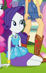 Size: 264x423 | Tagged: safe, screencap, applejack, pinkie pie, rarity, equestria girls, equestria girls specials, g4, my little pony equestria girls: better together, my little pony equestria girls: forgotten friendship, cropped, female, geode of shielding, magical geodes, offscreen character, rarity peplum dress, smiling