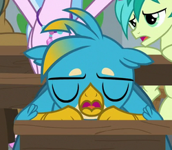 Size: 394x342 | Tagged: safe, screencap, gallus, sandbar, silverstream, classical hippogriff, earth pony, griffon, hippogriff, pony, g4, school daze, cropped, eyes closed, male, teenager