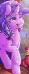 Size: 931x2351 | Tagged: safe, artist:dimwitdog, edit, big macintosh, starlight glimmer, pony, unicorn, g4, accessory swap, chest fluff, clothes, cropped, cropped porn, female, hat, mare, open mouth, raised hoof, smiling, trixie's hat