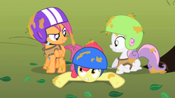 Size: 1280x720 | Tagged: safe, screencap, apple bloom, scootaloo, sweetie belle, pegasus, pony, unicorn, g4, the cutie mark chronicles, cutie mark crusaders, female, filly, helmet, tree sap and pine needles
