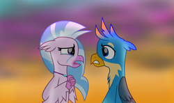 Size: 5915x3503 | Tagged: safe, artist:ejlightning007arts, gallus, silverstream, griffon, hippogriff, g4, crying, engrish in the description, fanfic in the description, female, male, sad, ship:gallstream, shipping, story included, straight, sunset