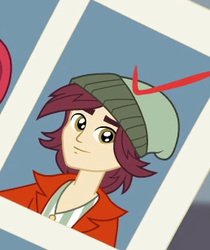 Size: 258x307 | Tagged: safe, screencap, normal norman, equestria girls, equestria girls series, forgotten friendship, g4, background human, beanie, check mark, cropped, hat, male, smiling, solo