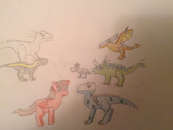 Size: 1024x768 | Tagged: safe, oc, dinosaur, dog, pony, indominus rex, indoraptor, traditional art
