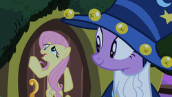 Size: 1280x720 | Tagged: safe, screencap, fluttershy, twilight sparkle, g4, luna eclipsed, clothes, costume, derp, door, duo, nightmare night costume, star swirl the bearded costume