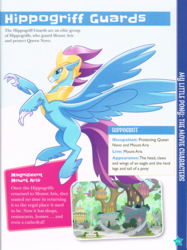 Size: 2247x3000 | Tagged: safe, stratus skyranger, classical hippogriff, hippogriff, g4, my little pony: character guide, my little pony: the movie, official, armor, chestplate, flying, helmet, high res, hoof fluff, male, scan, scanned, solo, spread wings, wings