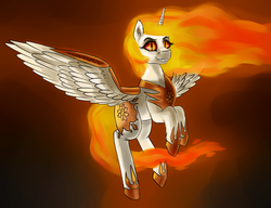 Size: 3900x3000 | Tagged: safe, artist:dukevonkessel, daybreaker, alicorn, pony, g4, female, high res, hoof shoes, mane of fire, sharp teeth, solo, spread wings, teeth, wings