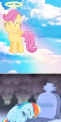 Size: 720x1440 | Tagged: safe, artist:leandrovalhalla, rainbow dash, scootaloo, pegasus, pony, g4, crying, death, female, grave, graveyard, halo, heaven, mare, sad, scootaloo can fly