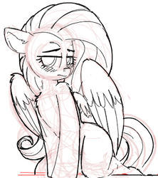 Size: 356x401 | Tagged: safe, artist:yoditax, fluttershy, pegasus, pony, g4, anatomically incorrect, blushing, chest fluff, cute, ear fluff, female, fluffy, frown, grayscale, human shoulders, incorrect leg anatomy, kneeling, lidded eyes, lineart, looking at you, mare, monochrome, shoulder fluff, simple background, sketch, solo, white background, wing fluff