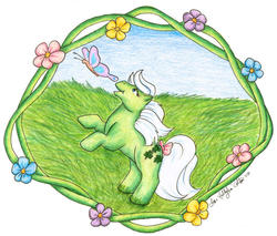 Size: 702x597 | Tagged: safe, artist:hollyann, baby minty, butterfly, earth pony, pony, g1, bow, female, solo, tail bow, traditional art