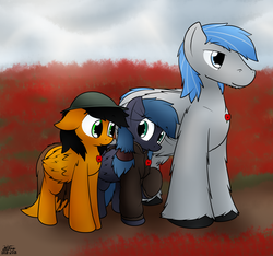 Size: 1981x1852 | Tagged: safe, artist:the-furry-railfan, oc, oc only, oc:featherweight, oc:night strike, oc:twintails, pegasus, pony, brodie helmet, clothes, cloud, cloudy, field, flower, helmet, jacket, poppy, poppy field, remembrance day, size difference, unshorn fetlocks, veterans day, world war i