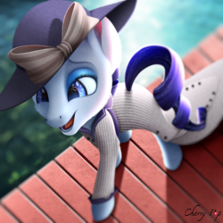 Size: 2450x2450 | Tagged: safe, artist:cherry pop, rarity, pony, g4, ppov, blurry background, bow, clothes, depth of field, dress, female, fur, hat, high res, makeup, ocean, pier, raristocrat, rose dewitt bukater, solo, titanic, water