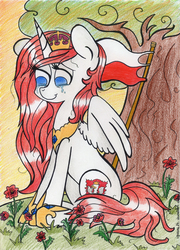 Size: 2491x3464 | Tagged: safe, artist:iguana14, oc, oc only, oc:queen poland, alicorn, pony, alicorn oc, crying, female, flag, flower, high res, independence day, mare, nation ponies, poland, polish national independence day, ponified, sitting, tears of joy, traditional art, tree