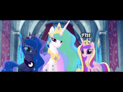 Size: 512x384 | Tagged: safe, edit, edited screencap, screencap, princess cadance, princess celestia, princess luna, g4, my little pony: the movie, animated, big eyes, caption, closer, female, gif, gif with captions, looking at you, love, meme, shitposting, sniffing