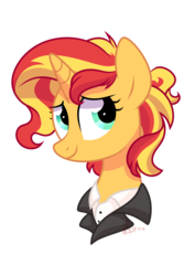 Size: 2000x3000 | Tagged: safe, artist:yaco, sunset shimmer, pony, unicorn, alternate hairstyle, bust, clothes, female, mare, portrait, short hair, simple background, solo, suit, transparent background