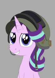 Size: 1489x2105 | Tagged: safe, artist:noosa, starlight glimmer, pony, unicorn, g4, female, gray background, grin, helmet, mare, simple background, smiling, solo, spetsnaz
