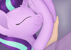 Size: 990x700 | Tagged: safe, artist:noosa, starlight glimmer, human, pony, unicorn, g4, bed, blanket, cuddling, cute, female, glimmerbetes, mare, sleeping, smiling, spooning