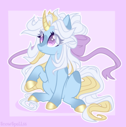 Size: 2987x3008 | Tagged: safe, artist:dreamyeevee, oc, oc only, pony, unicorn, blue fur, bow, cute, female, gold, hair bow, high res, long tail, purple eyes, simple background, sitting, solo, tail, two toned mane