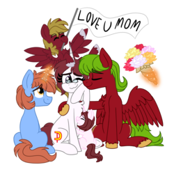 Size: 850x850 | Tagged: safe, artist:pink-pone, oc, oc only, oc:amy, pegasus, pony, unicorn, banner, bouquet, chest fluff, female, filly, magic, male, mare, pregnant, simple background, stallion, transparent background