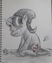 Size: 2448x2981 | Tagged: safe, artist:rockhoppr3, starlight glimmer, pony, unicorn, g4, beanie, crying, cut, female, glowing horn, hat, high res, horn, sad, self harm, solo, teenage glimmer, teenager, traditional art