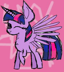 Size: 836x942 | Tagged: safe, twilight sparkle, alicorn, pony, g4, female, horn, one eye closed, pink background, simple background, smiling, solo, twilight sparkle (alicorn), wings, wink