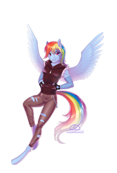 Size: 917x1346 | Tagged: safe, artist:ladychimaera, rainbow dash, pegasus, anthro, unguligrade anthro, g4, chains, clothes, costume, female, frankenstein's monster, gloves, halloween, hand in pocket, holiday, hoodie, lidded eyes, looking back, mare, simple background, smiling, smirk, solo, torn clothes, white background