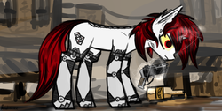 Size: 1180x595 | Tagged: safe, artist:thestive19, oc, oc only, oc:blackjack, cyborg, pony, unicorn, fallout equestria, fallout equestria: project horizons, amputee, bottle, cyber eyes, cybernetic legs, fanfic, fanfic art, female, glowing horn, gun, handgun, hooves, horn, levitation, magic, mare, pistol, solo, telekinesis, weapon