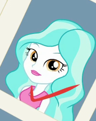 Size: 210x267 | Tagged: safe, screencap, paisley, equestria girls, equestria girls specials, g4, my little pony equestria girls: better together, my little pony equestria girls: forgotten friendship, background human, check mark, cropped, female, looking at you, smiling, yearbook