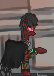Size: 1104x1546 | Tagged: safe, artist:thestive19, oc, oc only, oc:red eye, cyborg, earth pony, pony, fallout equestria, abstract background, cape, clothes, coat, collaboration, cyber eyes, ear fluff, fallout, fanfic, fanfic art, hooves, male, pipbuck, profile, raised hoof, solo, stallion