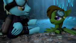 Size: 1920x1080 | Tagged: safe, artist:deltathedragon, oc, oc:delta hooves, oc:sea glow, pegasus, pony, 3d, air tank, cave, cavern, conversation, crystal, dive mask, flirting, french, goggles, implied gay, lake, male, respirator, scuba gear, source filmmaker, story included, swimming goggles, underground, water, wetsuit