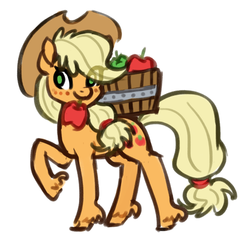 Size: 814x800 | Tagged: safe, artist:king-kakapo, applejack, earth pony, pony, g4, apple, aside glance, bucket, carrying, cowboy hat, cute, eye clipping through hair, female, food, freckles, hat, jackabetes, mare, mouth hold, raised hoof, simple background, sketch, solo, unshorn fetlocks, white background