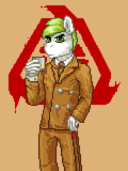 Size: 480x640 | Tagged: safe, artist:liniques, oc, oc only, oc:white night, anthro, alcohol, bioshock, looking at you, male, pixel art, solo