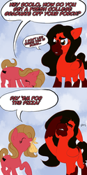 Size: 600x1200 | Tagged: safe, artist:tootsiehg, oc, oc:pun, oc:rollo, pegasus, pony, ask pun, ask, facehoof, female, mare, red and black oc